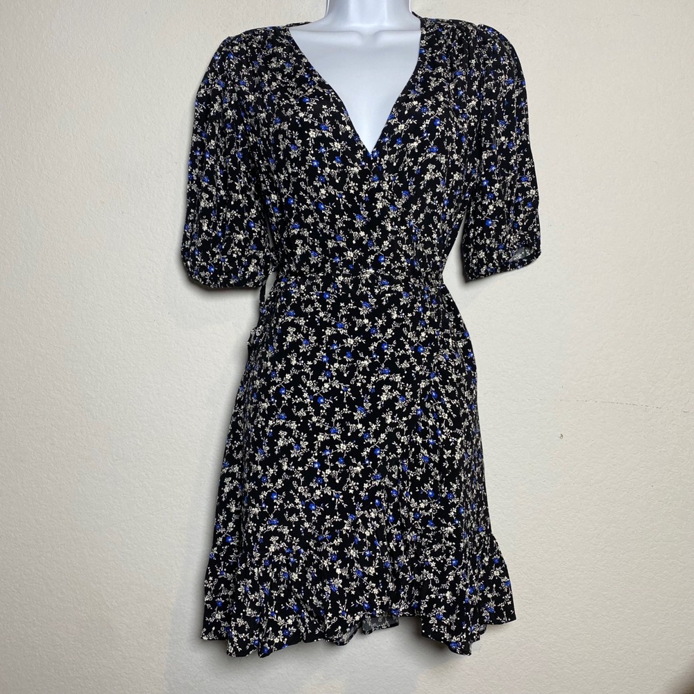 Gap True Wrap Dress XS Black Blue Floral Puff Sleeve Cottagecore Ruffle Hem Mini